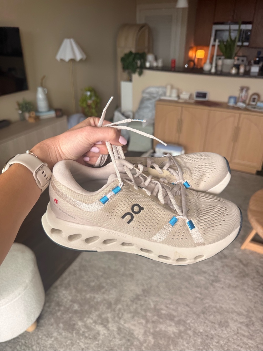 On Running Women's CloudSurfer Sand Beige Athletic Shoes with Blue Accents